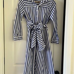 J Crew Blue and White Tie-Waist Shirt Dress